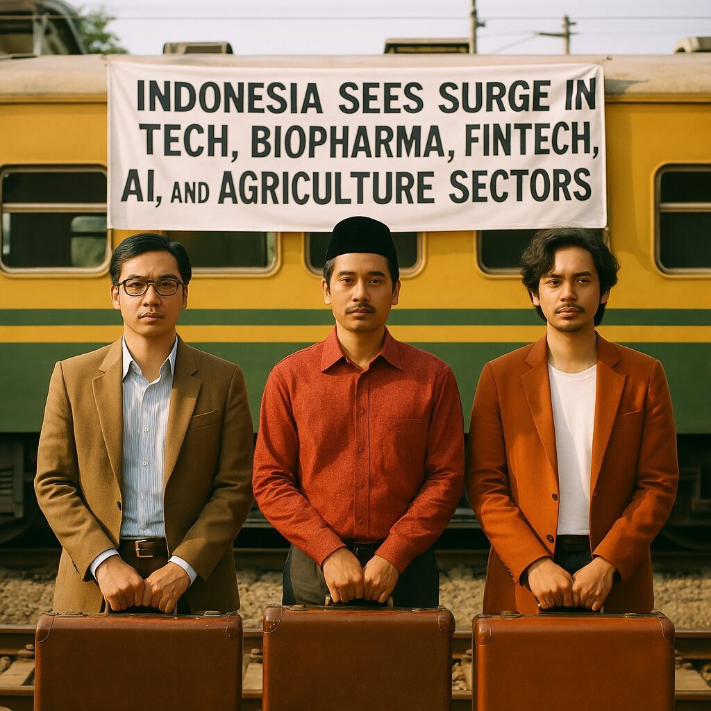 Image of Jakarta skyline with digital tech icons overlay, symbolizing Indonesia's tech and industrial growth surge.