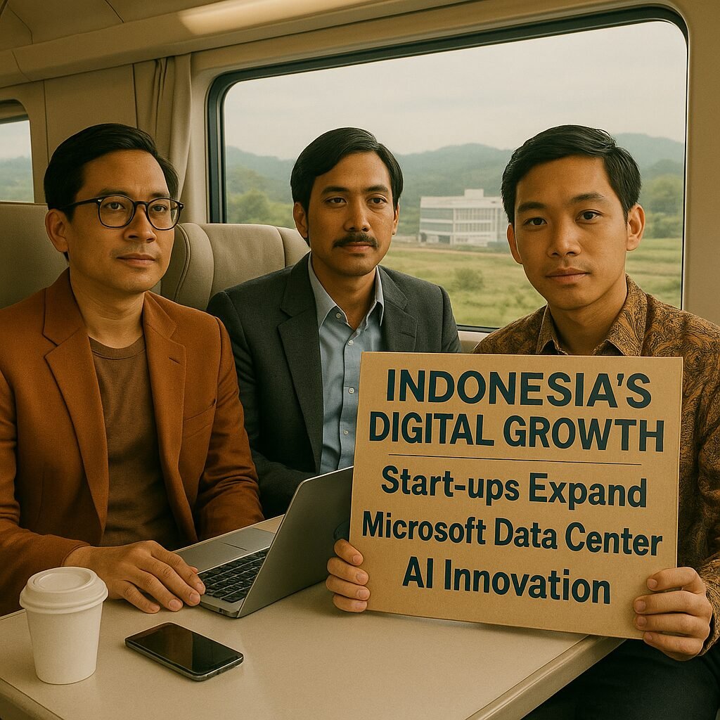Image of Indonesia with digital growth icons: start-ups, Microsoft data center, and AI innovation symbols.