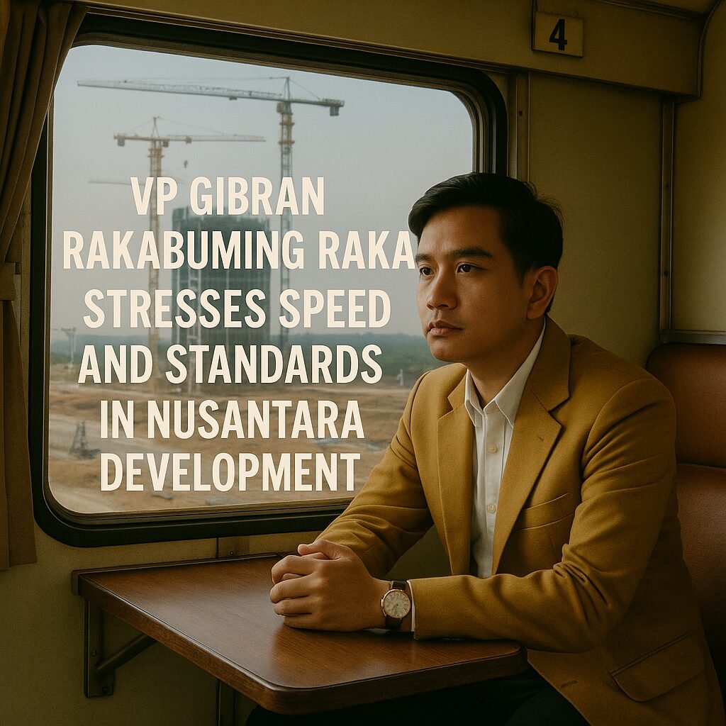 Vice President Gibran Rakabuming Raka speaking at a press conference about Nusantara's rapid, standard-compliant infrastructure development.