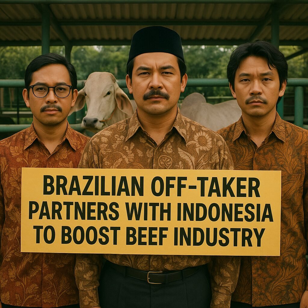 Image of Indonesian and Brazilian officials shaking hands, symbolizing a partnership to enhance Indonesia's beef industry.