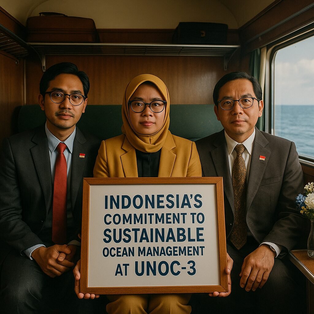 Indonesian delegates at UNOC-3 discussing sustainable ocean management strategies, emphasizing marine resource preservation and economic importance.