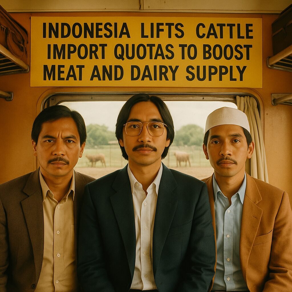 Image of cattle grazing in a lush green field, symbolizing Indonesia's lifted import quotas to boost meat and dairy supply.