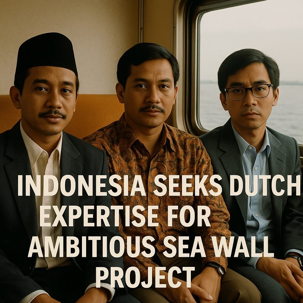 Image of Dutch and Indonesian officials discussing the 500-kilometer sea wall project along Java's northern coast.