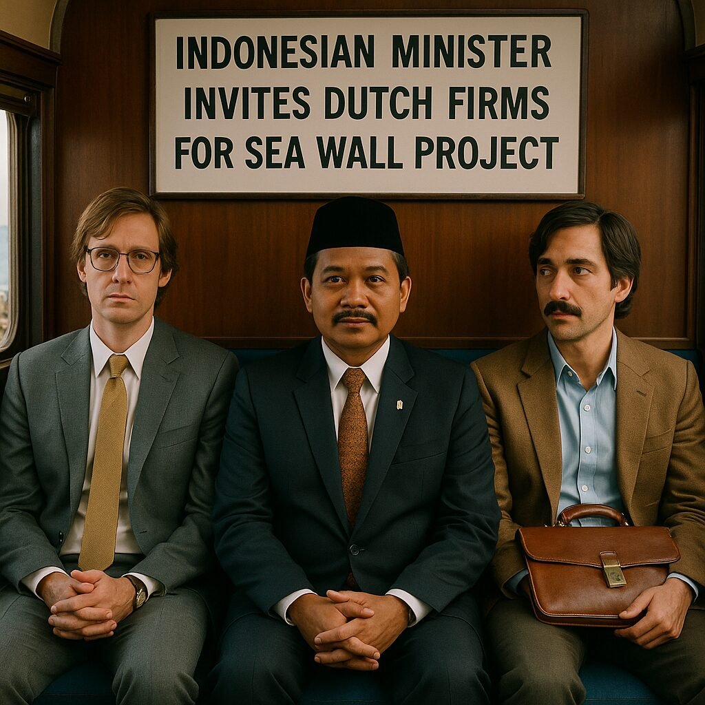 Agus Harimurti Yudhoyono speaking at a podium, inviting Dutch firms for a Java sea wall project.