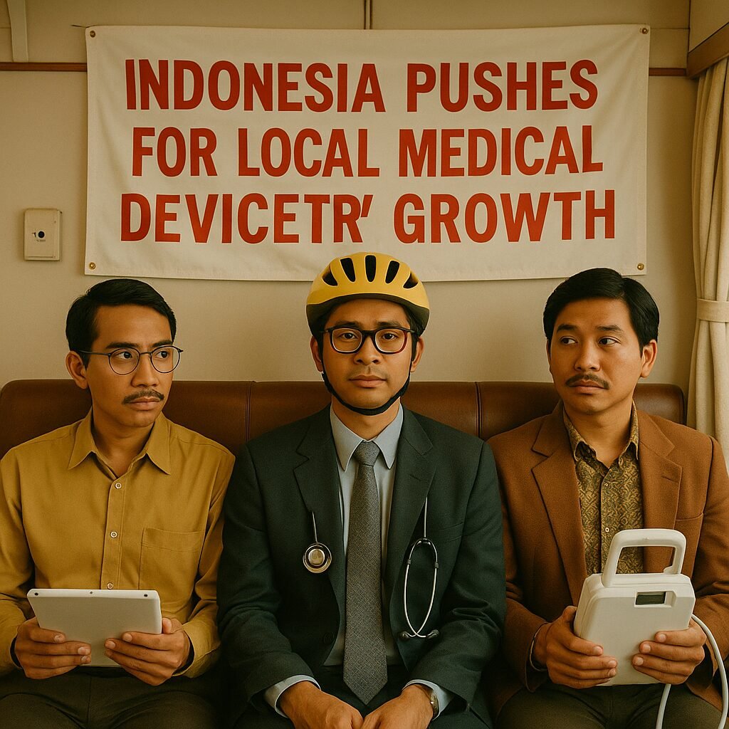 Indonesian factory workers assembling medical devices, highlighting local industry growth and reduced reliance on imports.