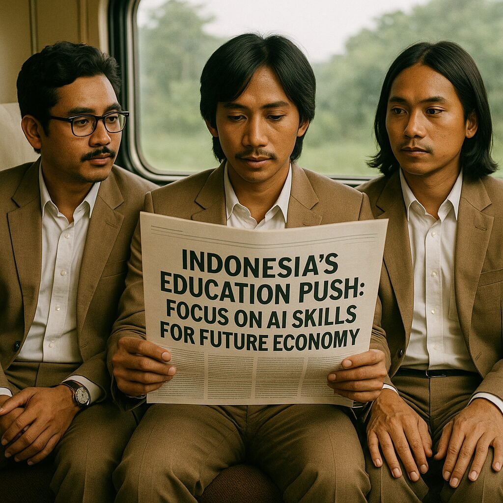 Students in a classroom using laptops, learning AI skills as part of Indonesia's education initiative.