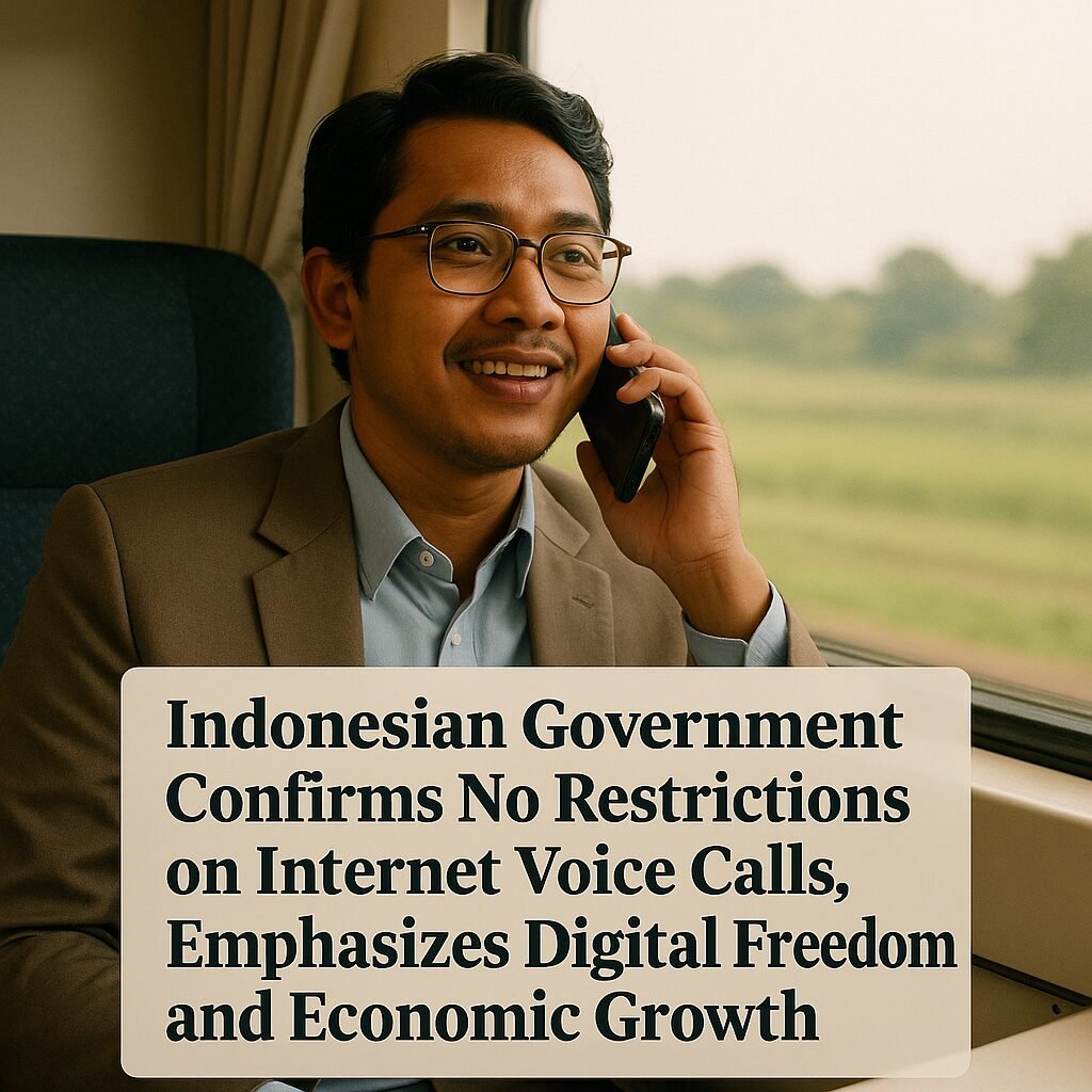 Indonesian Communications Minister Meutya Hafid speaking at a press conference about internet voice call policies and digital freedom.