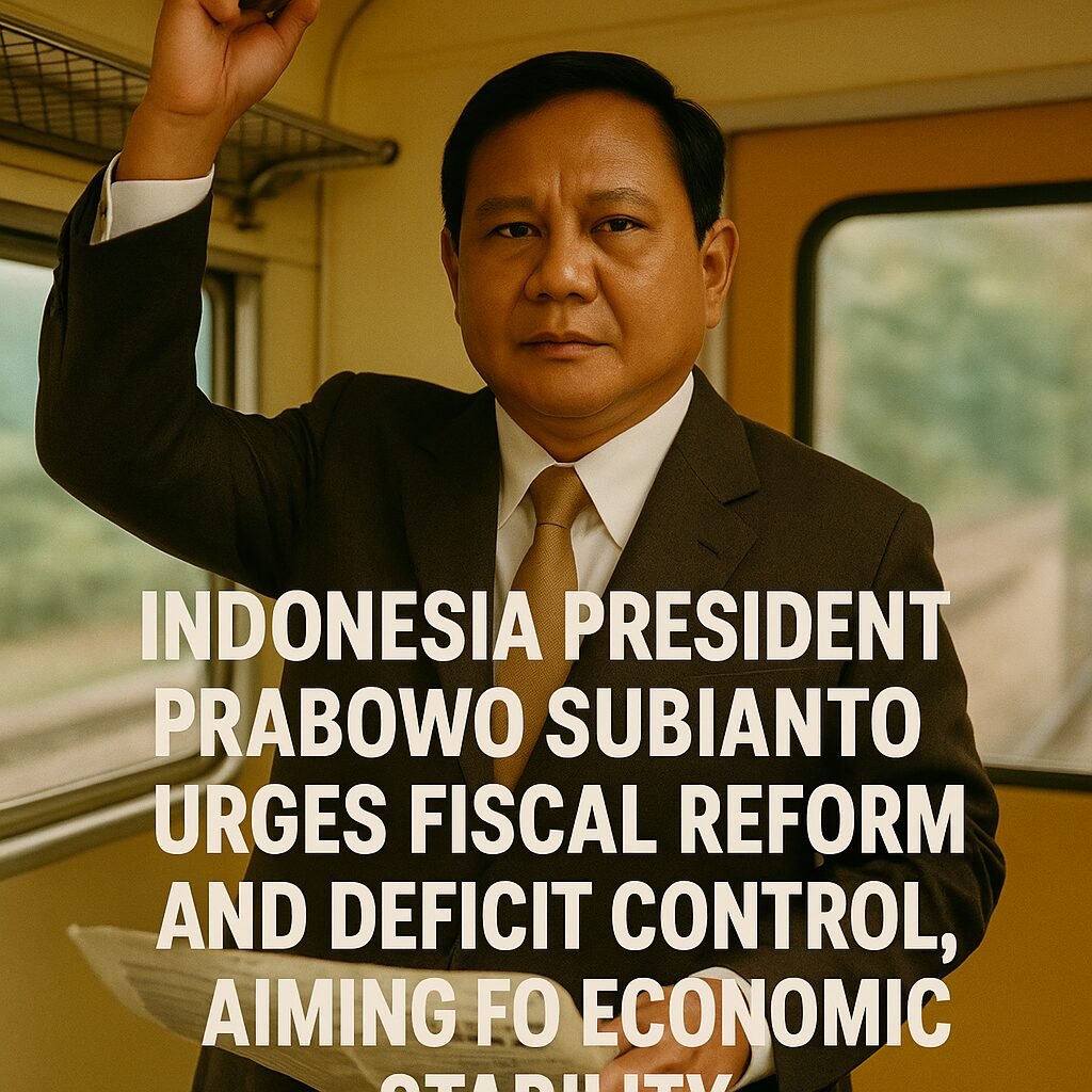 President Prabowo Subianto speaks at a podium, emphasizing fiscal reform and deficit control for Indonesia's economic stability.