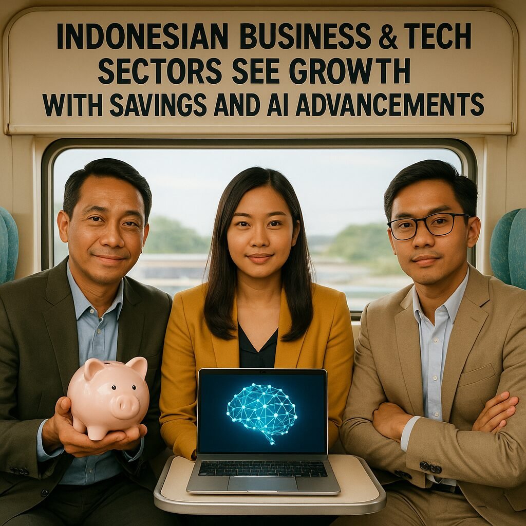 Image of Indonesian business professionals discussing AI advancements and savings strategies in a modern office setting.